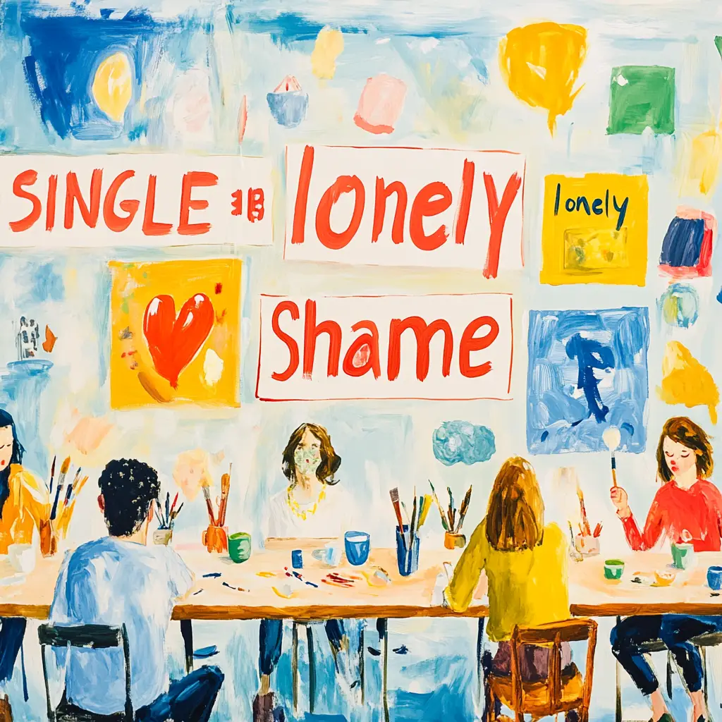 eople sitting in a café with colorful thought bubbles representing anxiety, ADHD, and loneliness