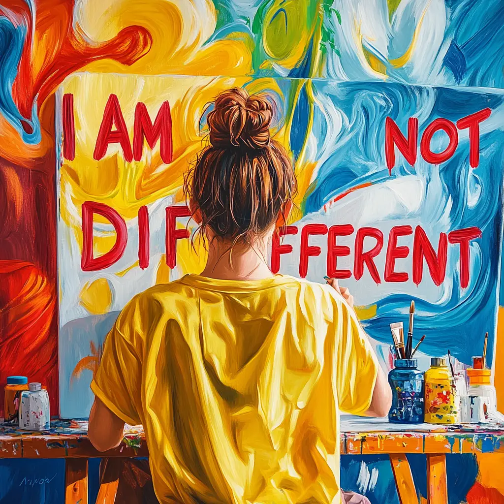 A person painting on a canvas that says 'I am not different' surrounded by colorful abstract designs