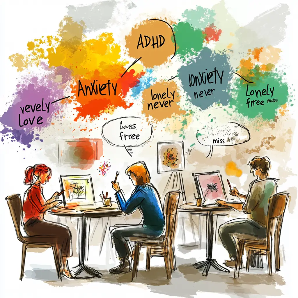People sitting in a café with colorful thought bubbles representing anxiety, ADHD, and loneliness